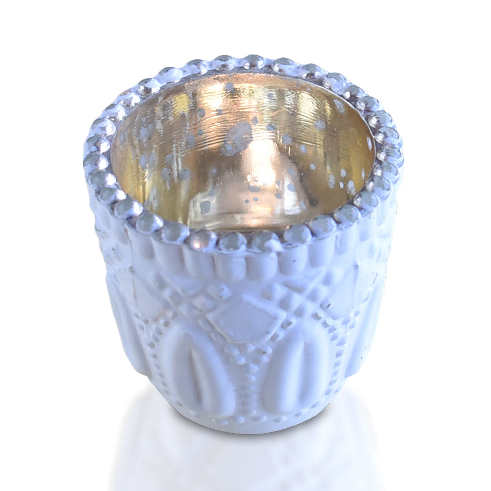 Luna Bazaar Blowout Faceted Vintage Mercury Glass Candle Holder 2.75 Inch Lillian Design Antique White for Use with Tea Lights for Home Decor and Wedding