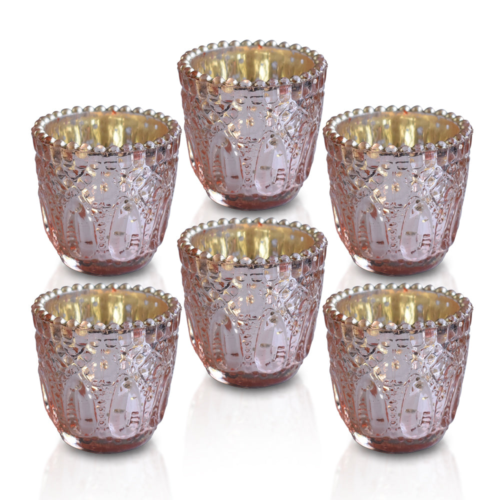6 Pack | Faceted Vintage Mercury Glass Candle Holders (2.75-Inch, Lillian Design, Rose Gold Pink) - Use with Tea Lights - For Home Decor, Parties and Wedding Decorations - PaperLanternStore.com - Paper Lanterns, Decor, Party Lights &amp; More