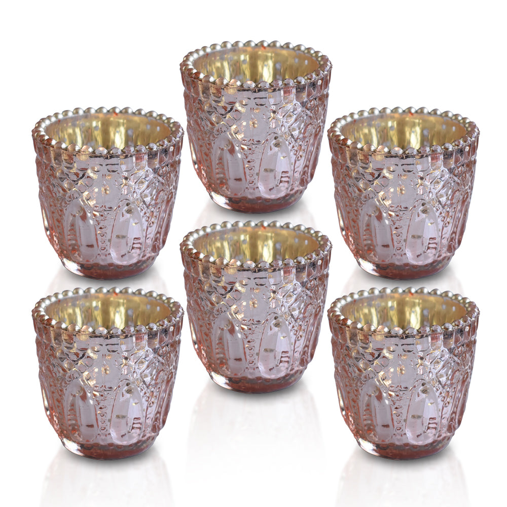 6 Pack | Faceted Vintage Mercury Glass Candle Holders (2.75-Inch, Lillian Design, Rose Gold Pink) - Use with Tea Lights - For Home Decor, Parties and Wedding Decorations - PaperLanternStore.com - Paper Lanterns, Decor, Party Lights & More