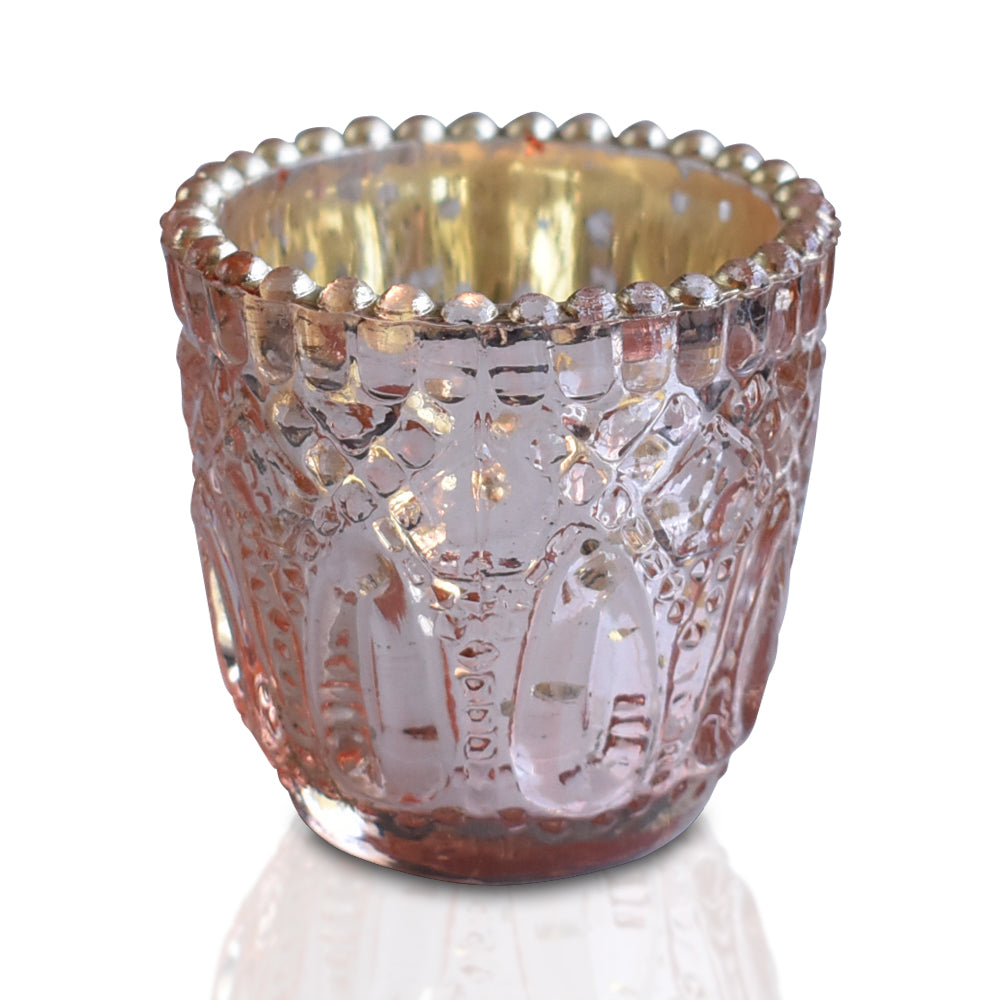 4-PACK | Faceted Vintage Mercury Glass Candle Holder (2.75-Inch, Lillian Design, Rose Gold Pink) - For Use with Tea Lights - For Home Decor and Wedding Decorations