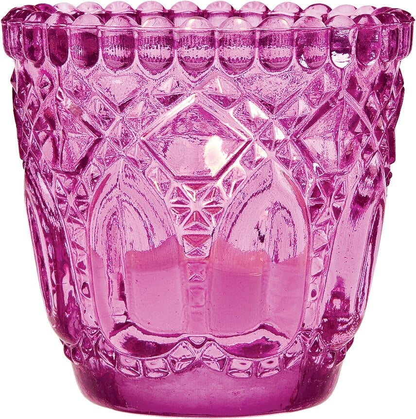 6 Pack | Faceted Vintage Glass Candle Holders (2.75-Inch, Lillian Design, Fuchsia / Hot Pink) - Use with Tea Lights - For Home Decor, Parties and Wedding Decorations - PaperLanternStore.com - Paper Lanterns, Decor, Party Lights &amp; More
