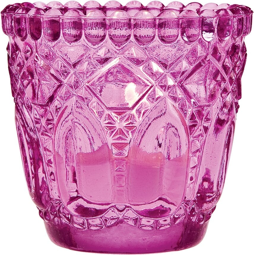 6 Pack | Faceted Vintage Glass Candle Holders (2.75-Inch, Lillian Design, Fuchsia / Hot Pink) - Use with Tea Lights - For Home Decor, Parties and Wedding Decorations - PaperLanternStore.com - Paper Lanterns, Decor, Party Lights & More