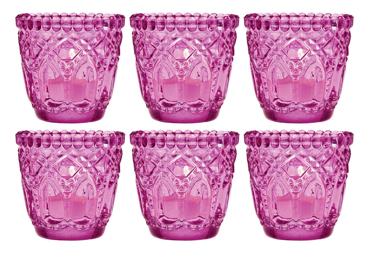 6 Pack | Faceted Vintage Glass Candle Holders (2.75-Inch, Lillian Design, Fuchsia / Hot Pink) - Use with Tea Lights - For Home Decor, Parties and Wedding Decorations - PaperLanternStore.com - Paper Lanterns, Decor, Party Lights &amp; More