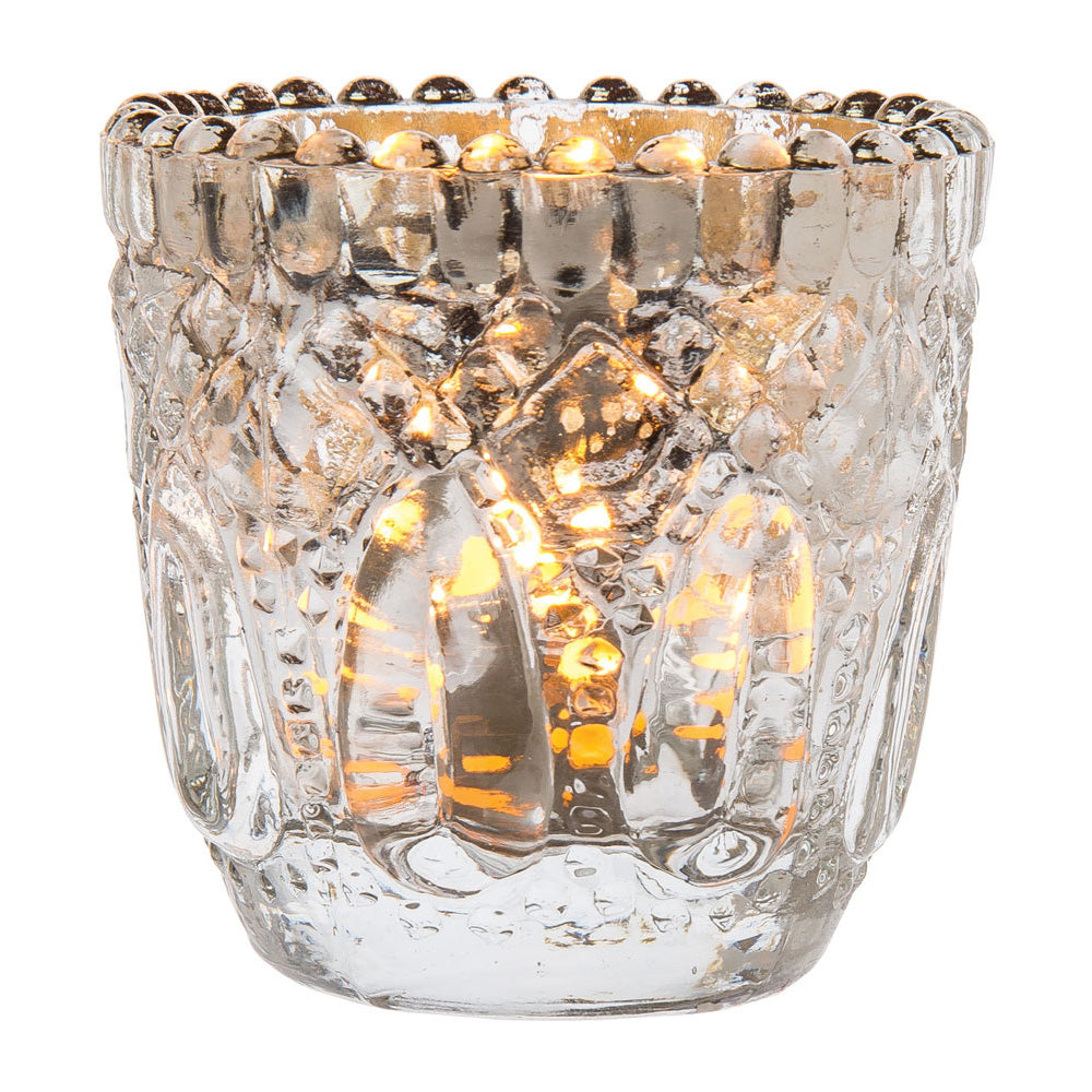 6 Pack | Faceted Vintage Mercury Glass Candle Holders (2.75-Inches, Lillian Design, Silver) - For Use with Tea Lights - For Home Decor, Parties and Wedding Decorations - PaperLanternStore.com - Paper Lanterns, Decor, Party Lights & More