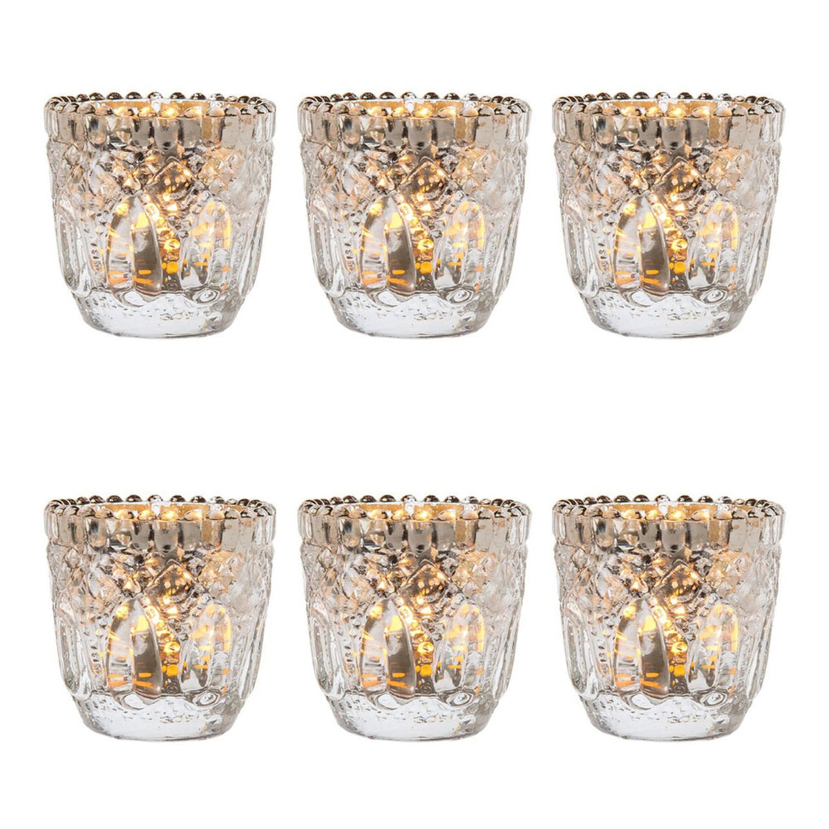 6 Pack | Faceted Vintage Mercury Glass Candle Holders (2.75-Inches, Lillian Design, Silver) - For Use with Tea Lights - For Home Decor, Parties and Wedding Decorations - PaperLanternStore.com - Paper Lanterns, Decor, Party Lights &amp; More