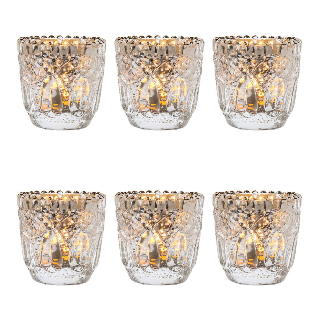 6 Pack | Faceted Vintage Mercury Glass Candle Holders (2.75-Inches, Lillian Design, Silver) - For Use with Tea Lights - For Home Decor, Parties and Wedding Decorations - PaperLanternStore.com - Paper Lanterns, Decor, Party Lights & More