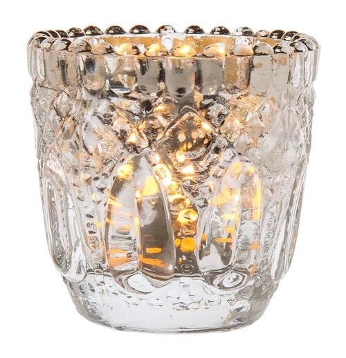 Faceted Vintage Mercury Glass Candle Holder (2.75-Inch, Lillian Design, Silver) - For Use with Tea Lights - For Home Decor, Parties and Wedding Decorations - PaperLanternStore.com - Paper Lanterns, Decor, Party Lights &amp; More
