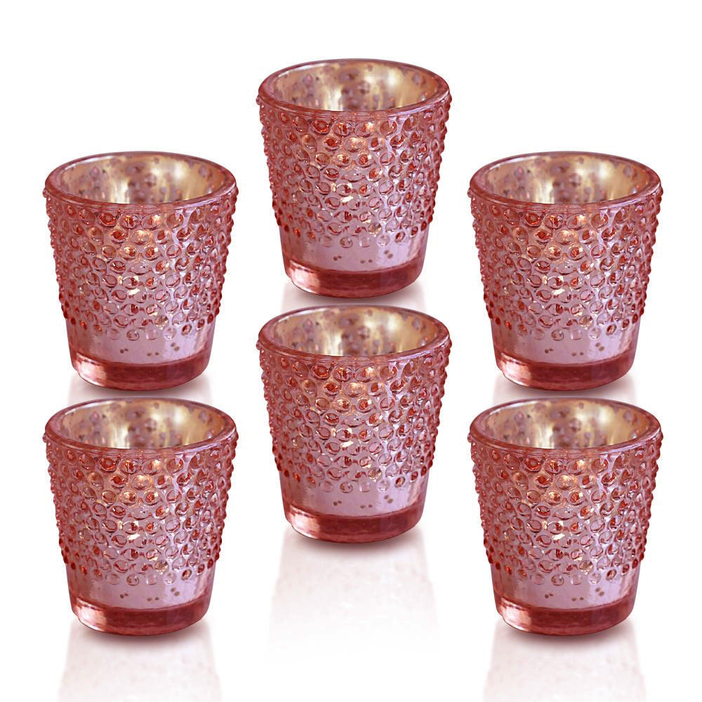 6 Pack | Vintage Hobnail Mercury Glass Candle Holders (2.25-Inches, Candace Design, Electric Pink) - For Use with Tea Lights - For Home Decor, Parties and Wedding Decorations