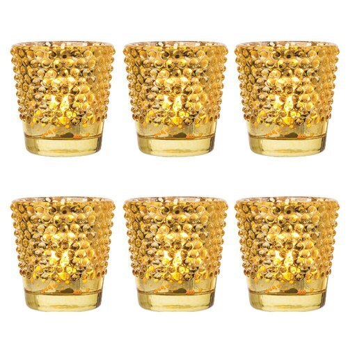 6 Pack | Hobnail Vintage Mercury Glass Glass Candle Holders (2.5-Inch, Candace Design, Gold) - For Use with Tea Lights - For Home Decor, Parties, and Wedding Decorations - PaperLanternStore.com - Paper Lanterns, Decor, Party Lights & More
