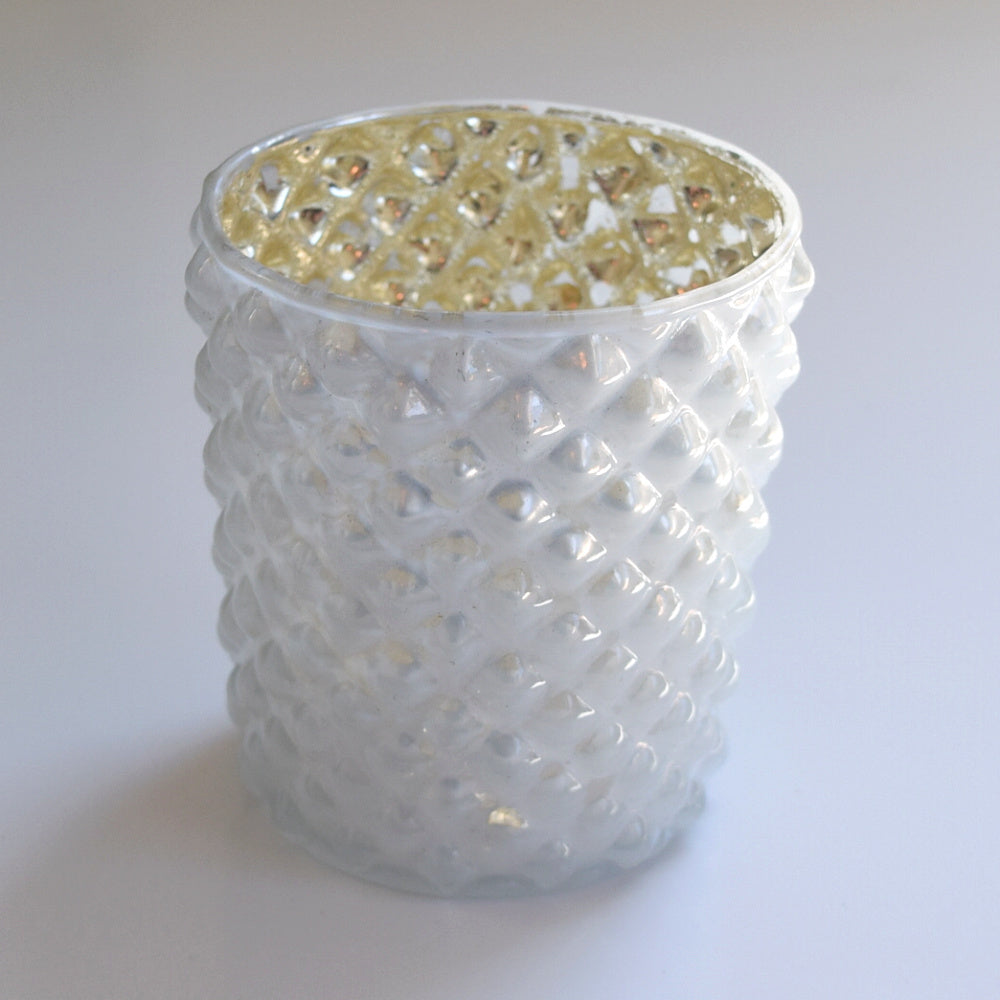 Mercury Glass Tealight Holder (3-Inch, Zariah Design, Pearl White) - For Use with Tea Lights - For Home Decor, Parties and Wedding Decorations