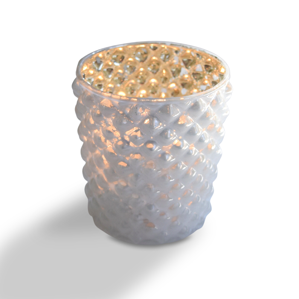 6 Pack | Vintage Mercury Glass Tealight Holders (2.5-Inch, Zariah Design, Pearl White) - For Use with Tea Lights - For Home Decor, Parties and Wedding Decorations - PaperLanternStore.com - Paper Lanterns, Decor, Party Lights & More