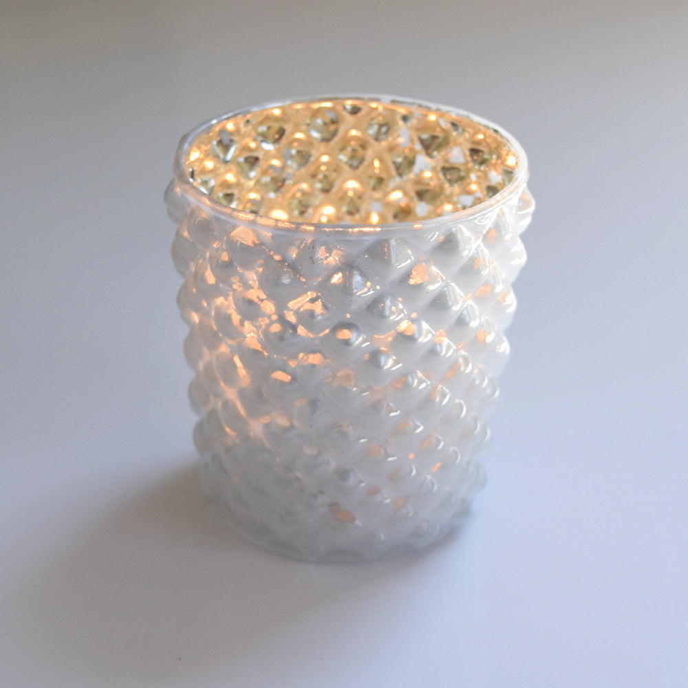 6 Pack | Vintage Mercury Glass Tealight Candle Holders (2.5-Inch, Zariah Design, Pearl White) - For Use with Tea Lights - For Home Decor, Parties and Wedding Decorations