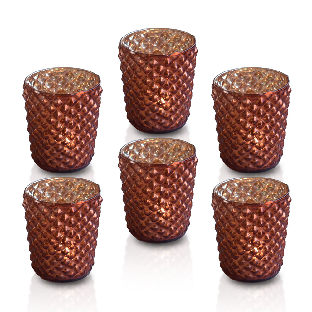 6 Pack | Vintage Mercury Glass Tealight Holders (2.5-Inch, Zariah Design, Rustic Copper Red) - For Use with Tea Lights - For Home Decor, Parties and Wedding Decorations - PaperLanternStore.com - Paper Lanterns, Decor, Party Lights &amp; More