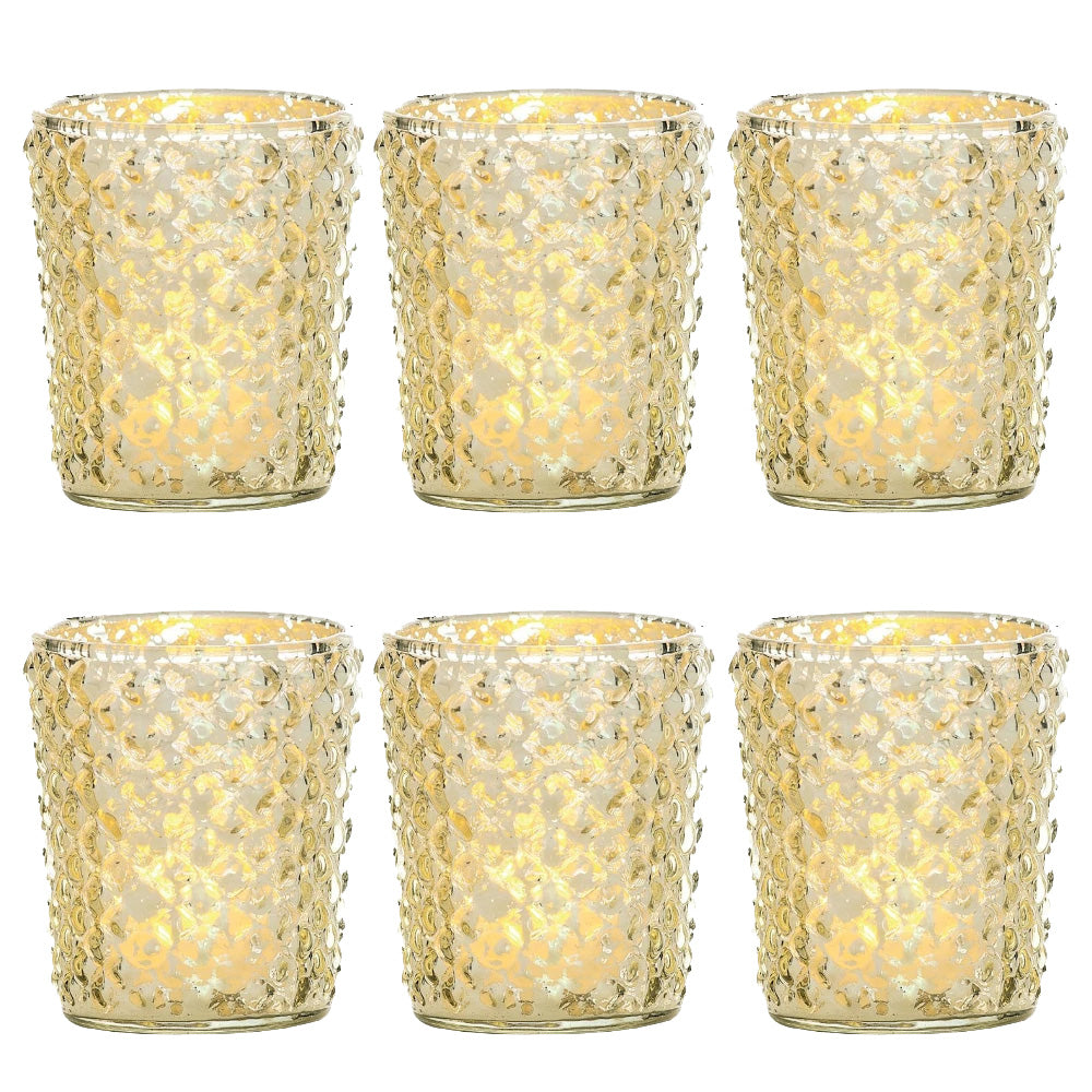 6 Pack | Vintage Mercury Glass Candle Holder (3-Inch, Zariah Design, Gold) - For Use with Tea Lights - For Home Decor, Parties, and Wedding Decorations - PaperLanternStore.com - Paper Lanterns, Decor, Party Lights &amp; More