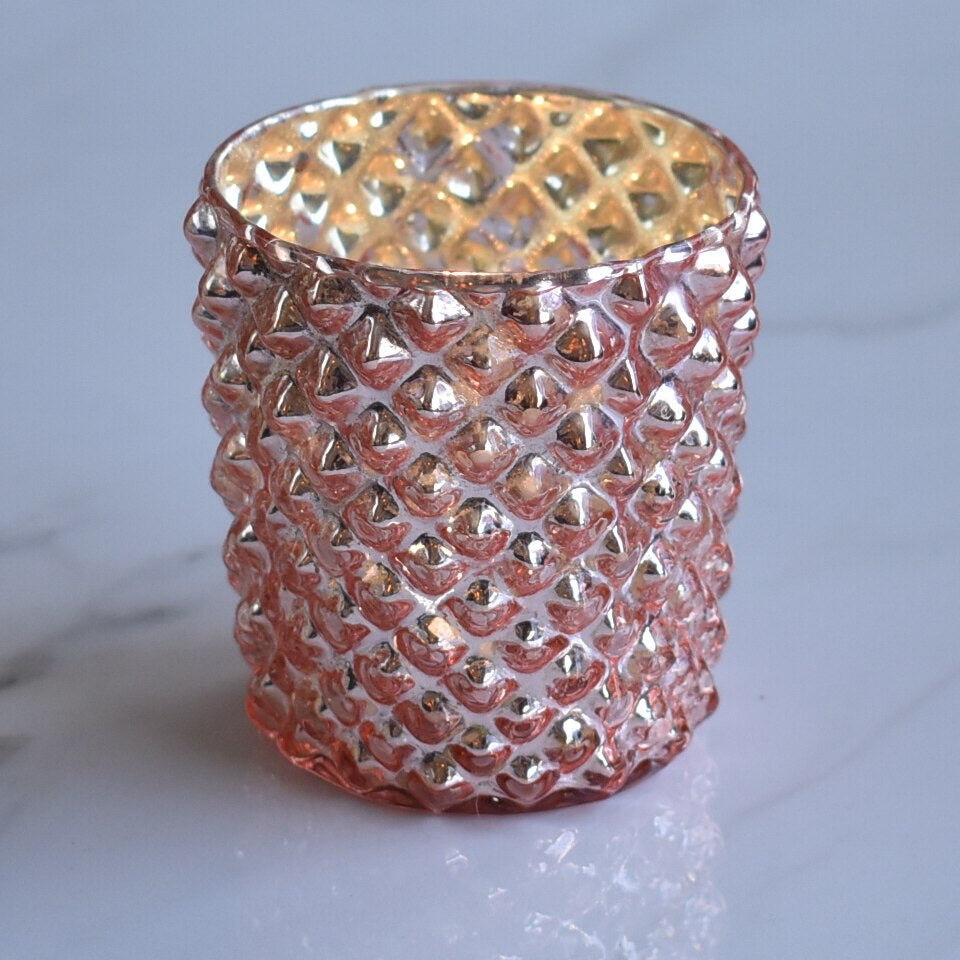 6 Pack | Vintage Mercury Glass Tealight Holders (2.5-Inch, Zariah Design, Rose Gold Pink) - For Use with Tea Lights - For Home Decor, Parties and Wedding Decorations - PaperLanternStore.com - Paper Lanterns, Decor, Party Lights & More