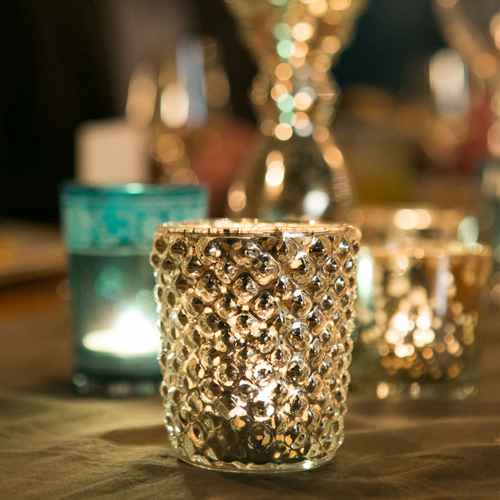 Vintage Mercury Glass Candle Holder (3-Inch, Zariah Design, Silver) - For Use with Tea Lights - For Home Decor, Parties, and Wedding Decorations - PaperLanternStore.com - Paper Lanterns, Decor, Party Lights &amp; More