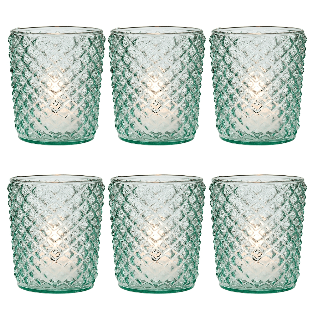 6 Pack | Vintage Glass Candle Holders (3-Inch, Zariah Design, Vintage Green) - For Use with Tea Lights - For Home Decor, Parties, and Wedding Decorations - PaperLanternStore.com - Paper Lanterns, Decor, Party Lights & More