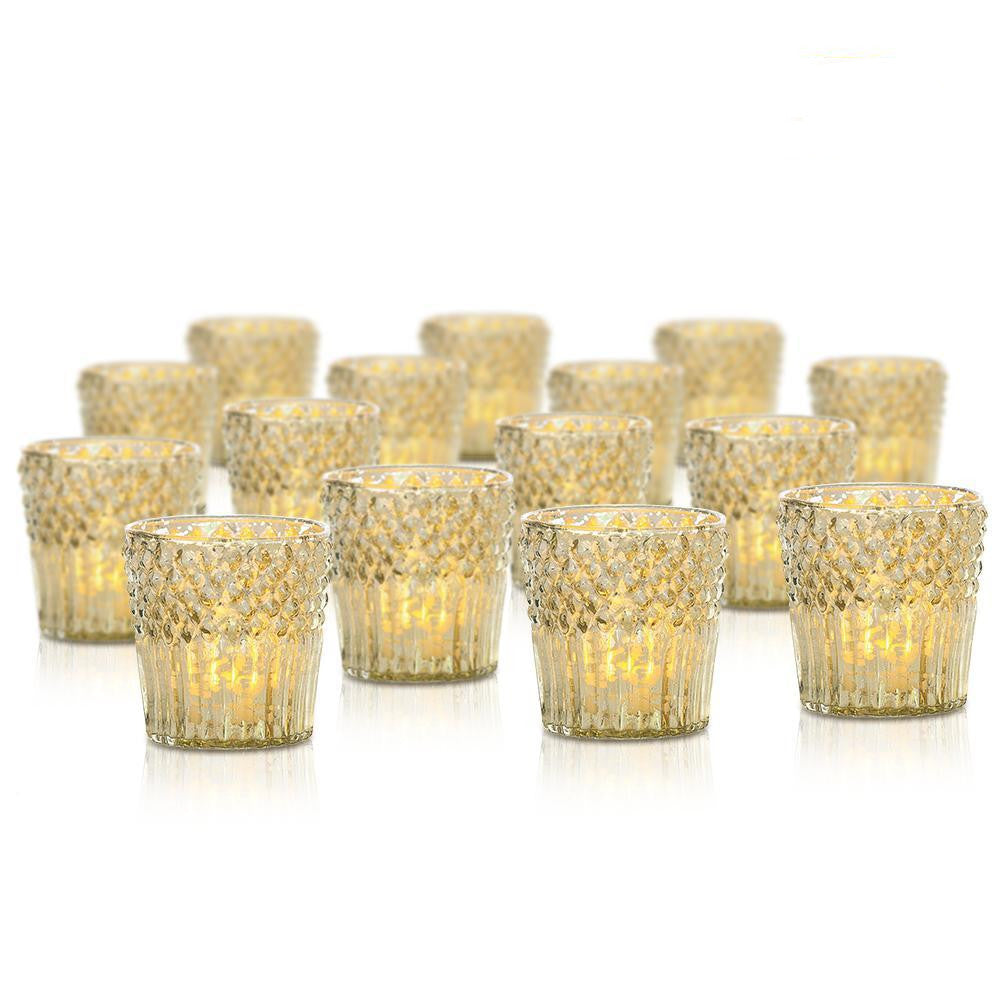 24 Pack | Vintage Mercury Glass Candle Holders (3-Inch, Ophelia Design, Gold) - For use with Tea Lights - For Home Decor, Parties and Wedding Decorations