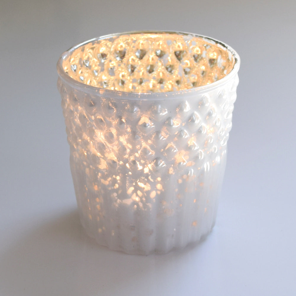 6 Pack | Mercury Glass Tealight Candle Holders (2.75-Inches, Ophelia Design, Pearl White) - For Use with Tea Lights - For Home Decor, Parties and Wedding Decorations