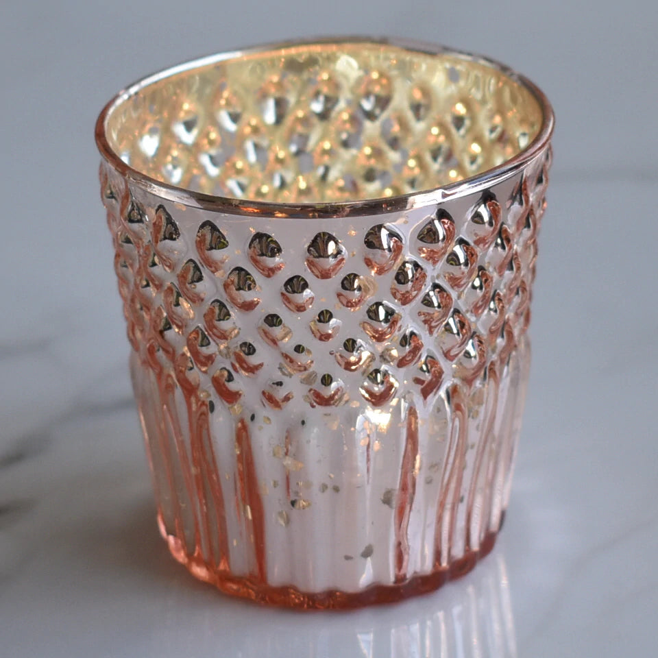 6 Pack | Mercury Glass Tealight Holders (2.75-Inches, Ophelia Design, Rose Gold Pink) - For Use with Tea Lights - For Home Decor, Parties and Wedding Decorations - PaperLanternStore.com - Paper Lanterns, Decor, Party Lights &amp; More