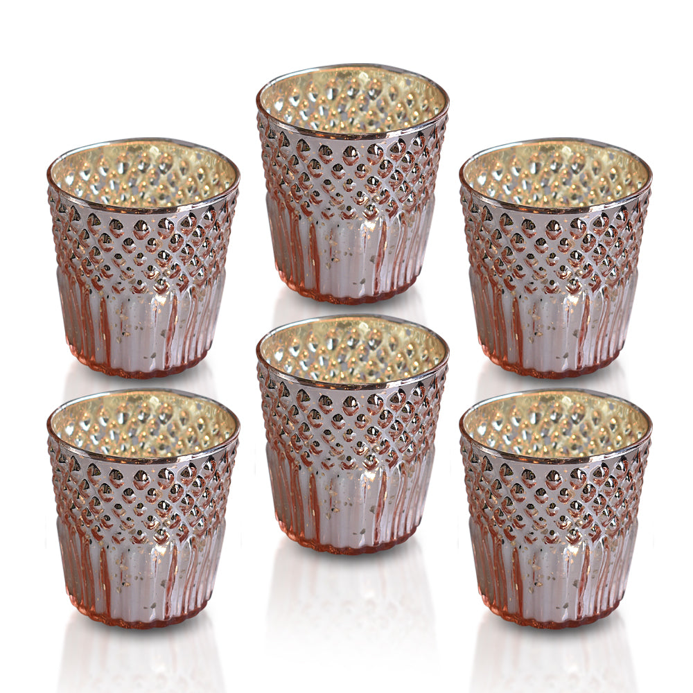 6 Pack | Mercury Glass Tealight Holders (2.75-Inches, Ophelia Design, Rose Gold Pink) - For Use with Tea Lights - For Home Decor, Parties and Wedding Decorations - PaperLanternStore.com - Paper Lanterns, Decor, Party Lights &amp; More