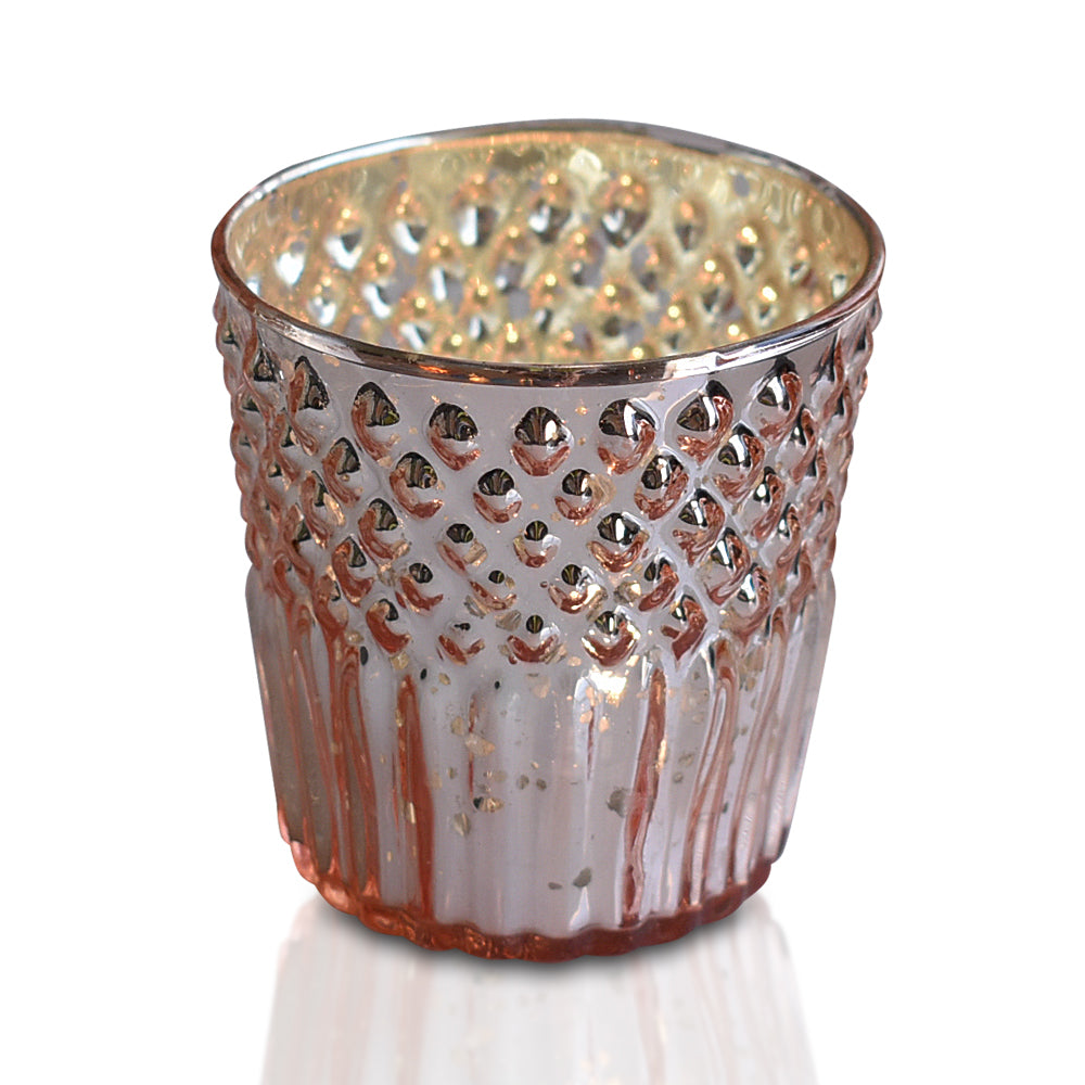Vintage Mercury Glass Tealight Holder (2.75-Inch, Ophelia Design, Rose Gold Pink) - For Use with Tea Lights - For Home Decor, Parties and Wedding Decorations - PaperLanternStore.com - Paper Lanterns, Decor, Party Lights &amp; More