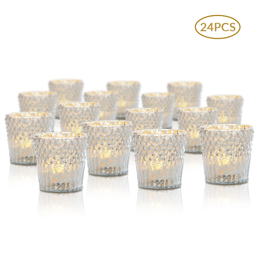 24 Pack | Vintage Mercury Glass Candle Holder (3-Inch, Ophelia Design, Silver) - For use with Tea Lights - For Home Decor, Parties and Wedding Decorations - PaperLanternStore.com - Paper Lanterns, Decor, Party Lights &amp; More