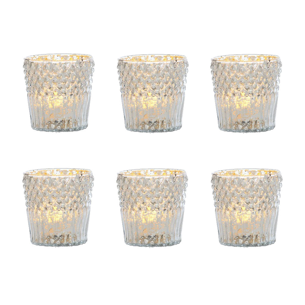 6 Pack | Vintage Mercury Glass Candle Holder (3-Inch, Ophelia Design, Silver) - For Use with Tea Lights - For Home Decor, Parties, Wedding Decorations - PaperLanternStore.com - Paper Lanterns, Decor, Party Lights & More