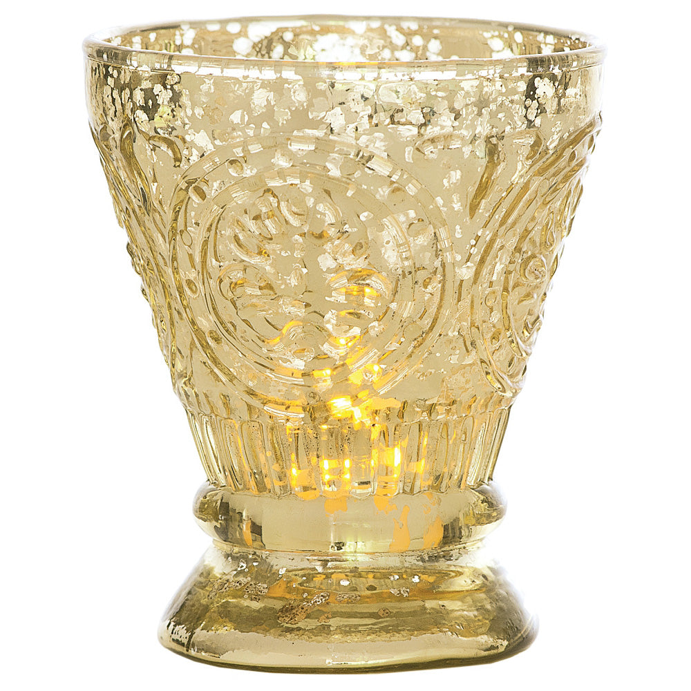 Vintage Mercury Glass Candle Holder (4-Inch, Rosemary Design, Gold) - For Use with Tea Lights - For Home Decor, Parties, and Wedding Decorations - PaperLanternStore.com - Paper Lanterns, Decor, Party Lights &amp; More