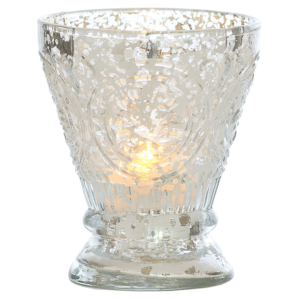 Vintage Mercury Glass Candle Holder (4-Inch, Rosemary Design, Silver) - For Use with Tea Lights - For Home Decor, Parties, and Wedding Decorations - PaperLanternStore.com - Paper Lanterns, Decor, Party Lights &amp; More