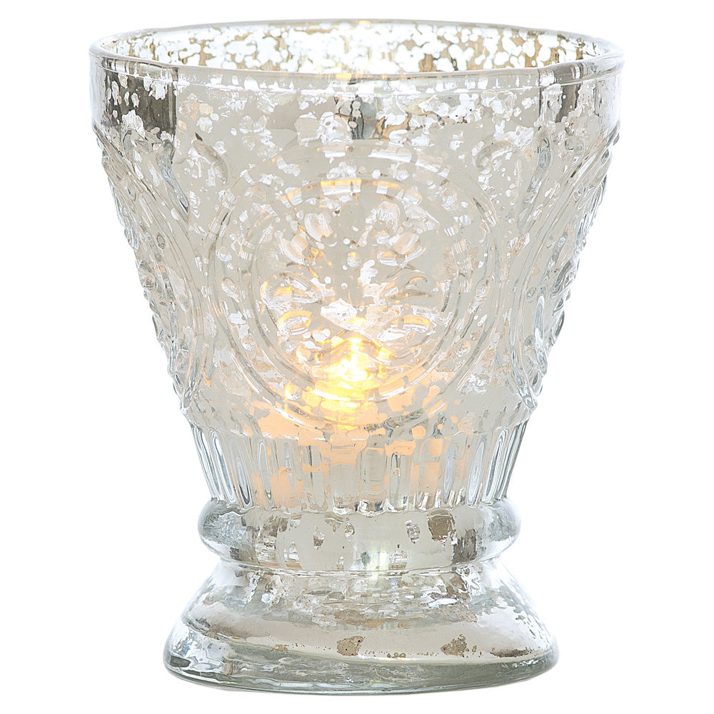 Vintage Mercury Glass Candle Holder (4-Inch, Rosemary Design, Silver) - For Use with Tea Lights - For Home Decor, Parties, and Wedding Decorations - PaperLanternStore.com - Paper Lanterns, Decor, Party Lights & More