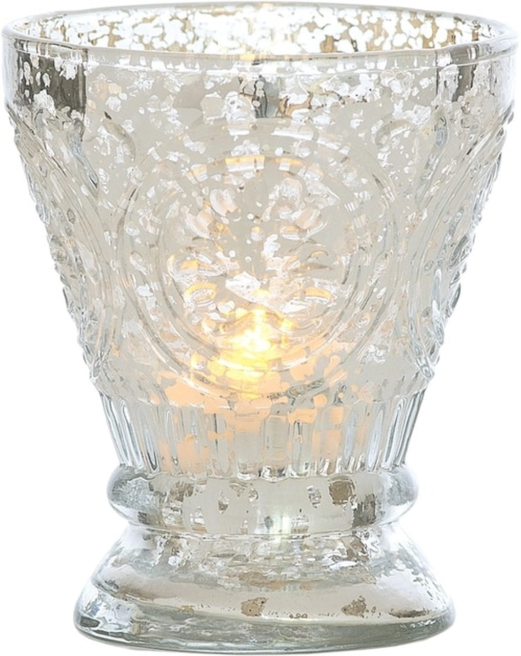 Vintage Mercury Glass Candle Holder (4-Inch, Rosemary Design, Silver) - For Use with Tea Lights - For Home Decor, Parties, and Wedding Decorations - PaperLanternStore.com - Paper Lanterns, Decor, Party Lights &amp; More
