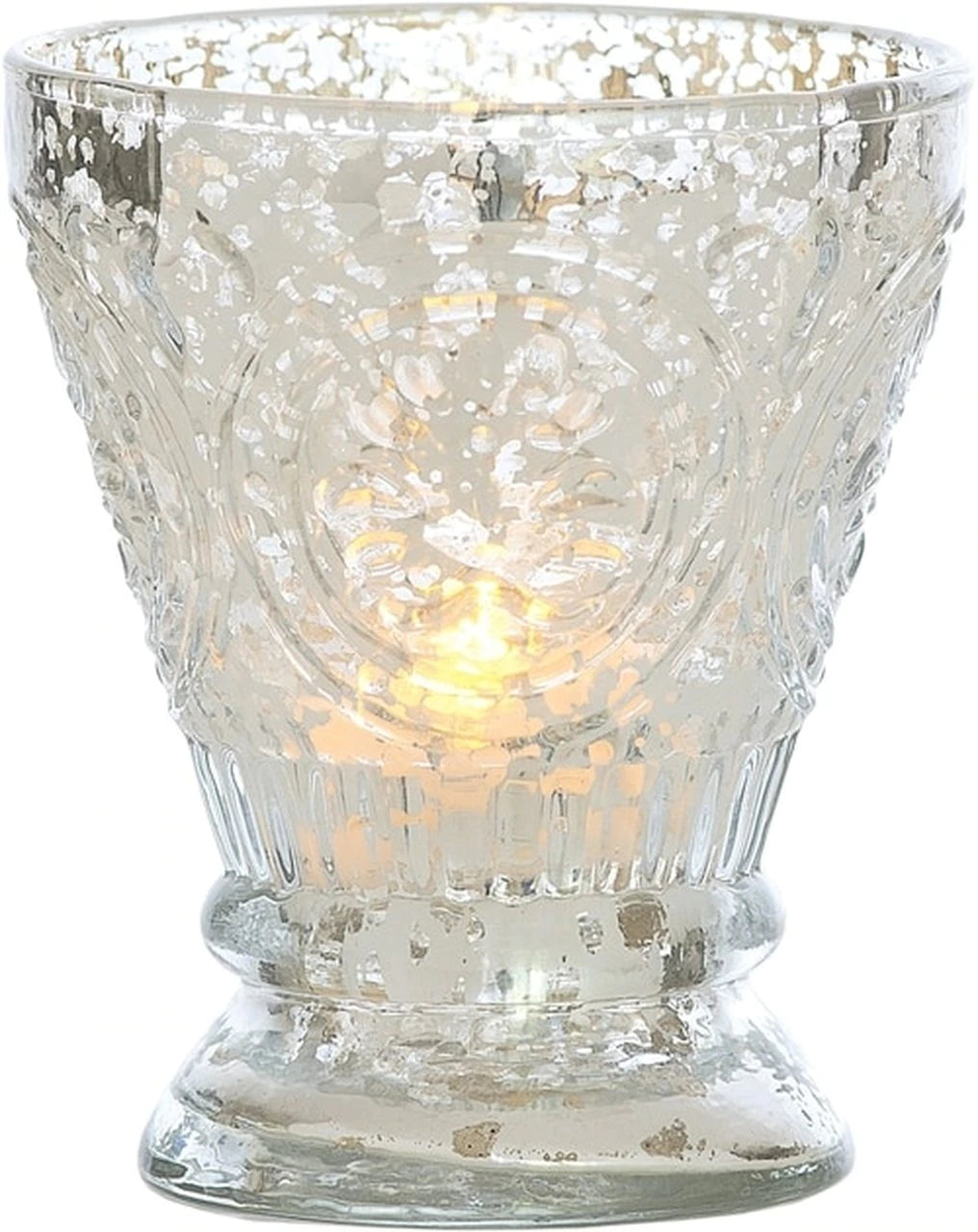 Vintage Mercury Glass Candle Holder (4-Inch, Rosemary Design, Silver) - For Use with Tea Lights - For Home Decor, Parties, and Wedding Decorations - PaperLanternStore.com - Paper Lanterns, Decor, Party Lights & More