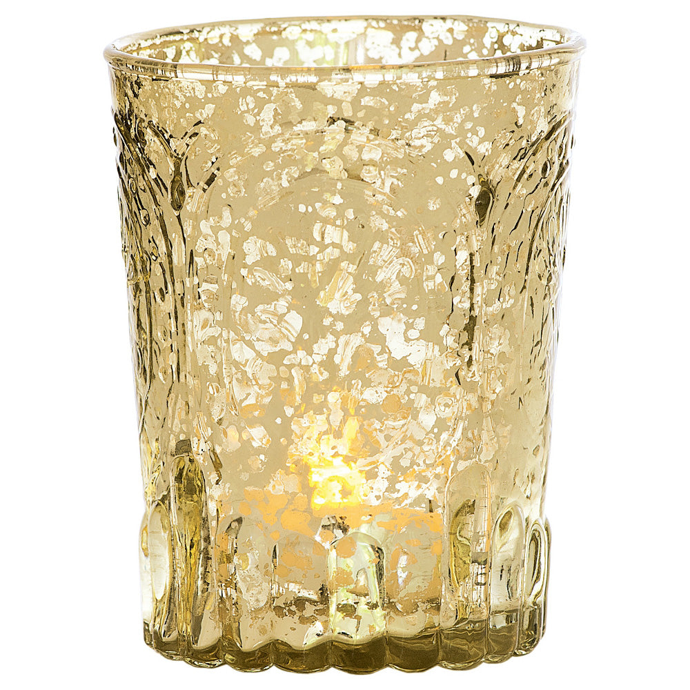Vintage Mercury Glass Candle Holder (4-Inch, Heather Design, Gold) - For Use with Tea Lights - For Home Decor, Parties, and Wedding Decorations - PaperLanternStore.com - Paper Lanterns, Decor, Party Lights &amp; More