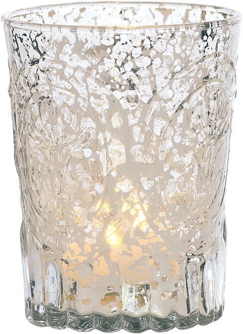 Vintage Mercury Glass Candle Holder (4-Inch, Heather Design, Silver) - For Use with Tea Lights - For Home Decor, Parties, and Wedding Decorations - PaperLanternStore.com - Paper Lanterns, Decor, Party Lights &amp; More