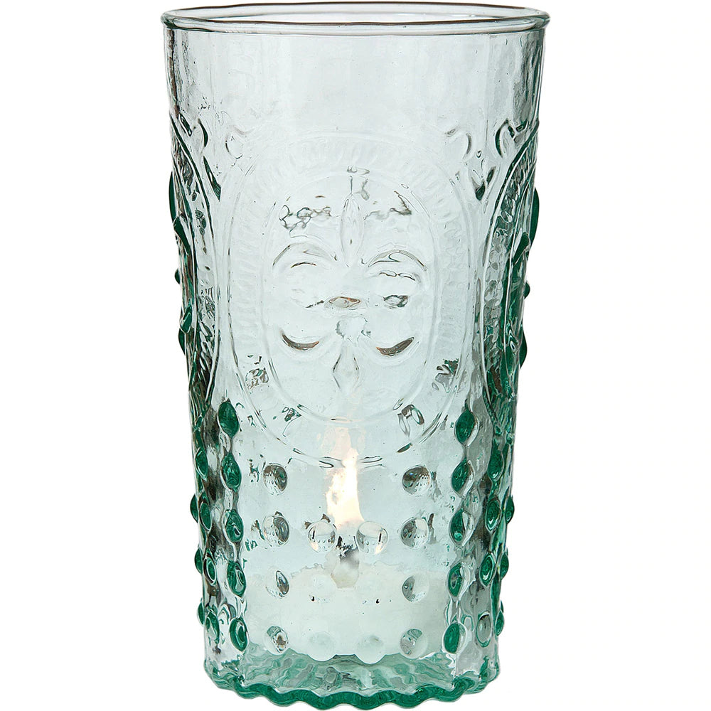 Vintage Glassware, Votive Holder, Vase (5.25-Inch, Ivy Design, Fleur de Lis Motif, Vintage Green) - FOOD SAFE - For Parties, Weddings, and Home Use - PaperLanternStore.com - Paper Lanterns, Decor, Party Lights &amp; More