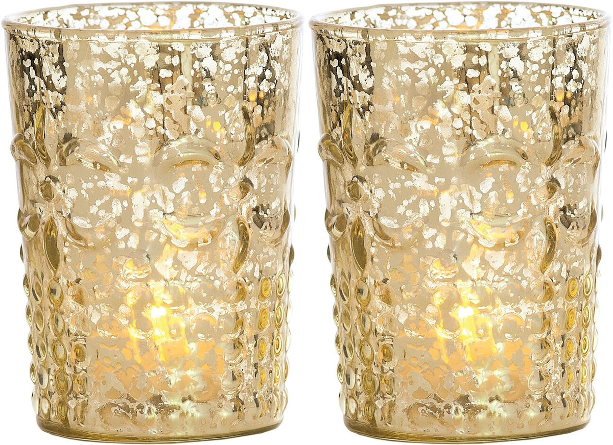 Vintage Mercury Glass Candle Holder (4-Inch, Fleur Design, Flower Motif, Gold, Set of 2) - For Home Decor, Party Decorations, and Wedding Centerpieces - PaperLanternStore.com - Paper Lanterns, Decor, Party Lights &amp; More
