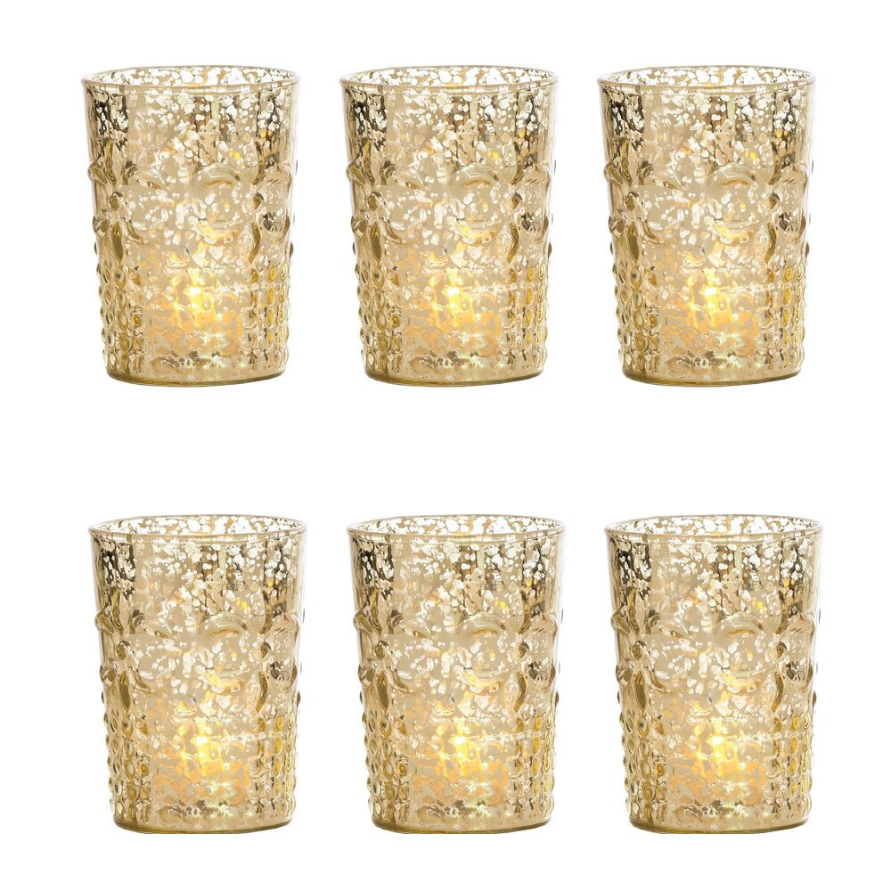 6 Pack | Vintage Mercury Glass Candle Holder (4-Inch, Fleur Design, Flower Motif, Gold) - For Home Decor, Party Decorations, and Wedding Centerpieces - PaperLanternStore.com - Paper Lanterns, Decor, Party Lights & More