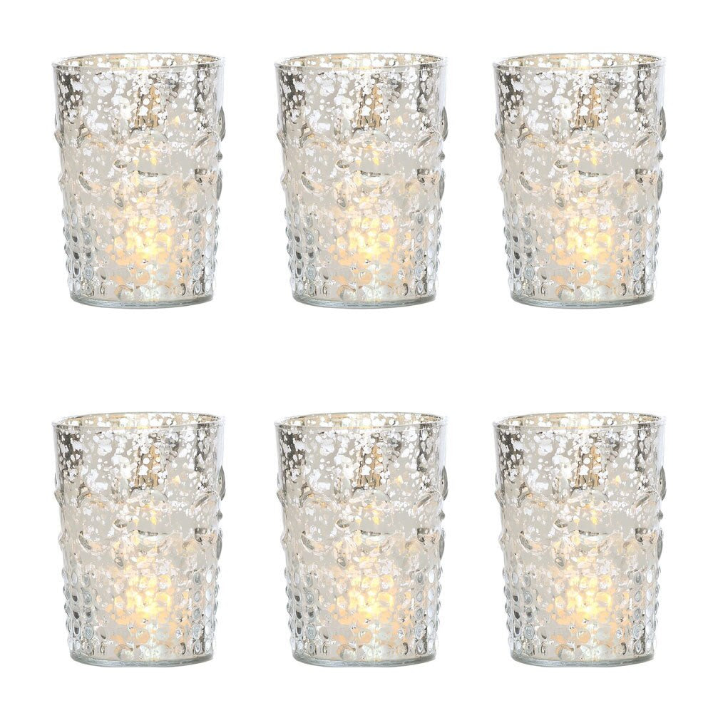 6 Pack | Vintage Mercury Glass Candle Holder (4-Inch, Fleur Design, Flower Motif, Silver) - For Home Decor, Party Decorations and Wedding Centerpieces - PaperLanternStore.com - Paper Lanterns, Decor, Party Lights & More