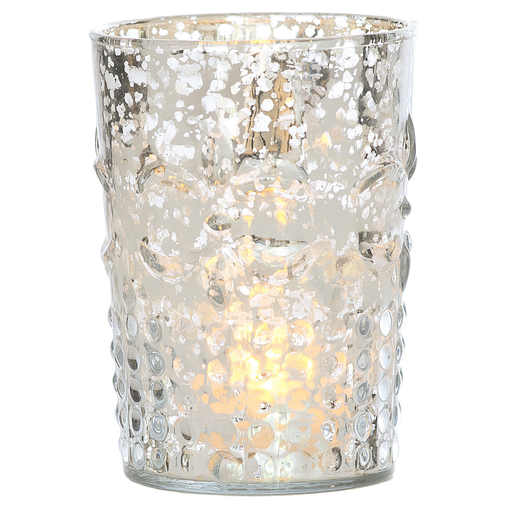 2-PACK | Vintage Mercury Glass Candle Holder (4-Inch, Fleur Design, Flower Motif, Silver) - For Home Decor, Party Decorations, and Wedding Centerpieces