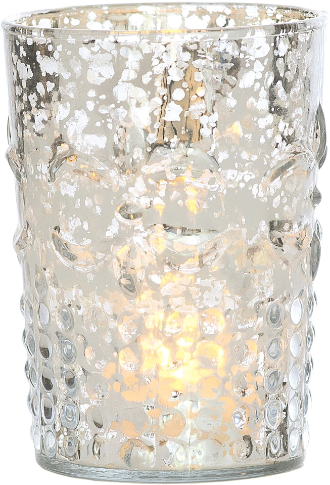 Vintage Mercury Glass Candle Holder (4-Inch, Fleur Design, Flower Motif, Silver) - For Home Decor, Party Decorations, and Wedding Centerpieces - PaperLanternStore.com - Paper Lanterns, Decor, Party Lights &amp; More
