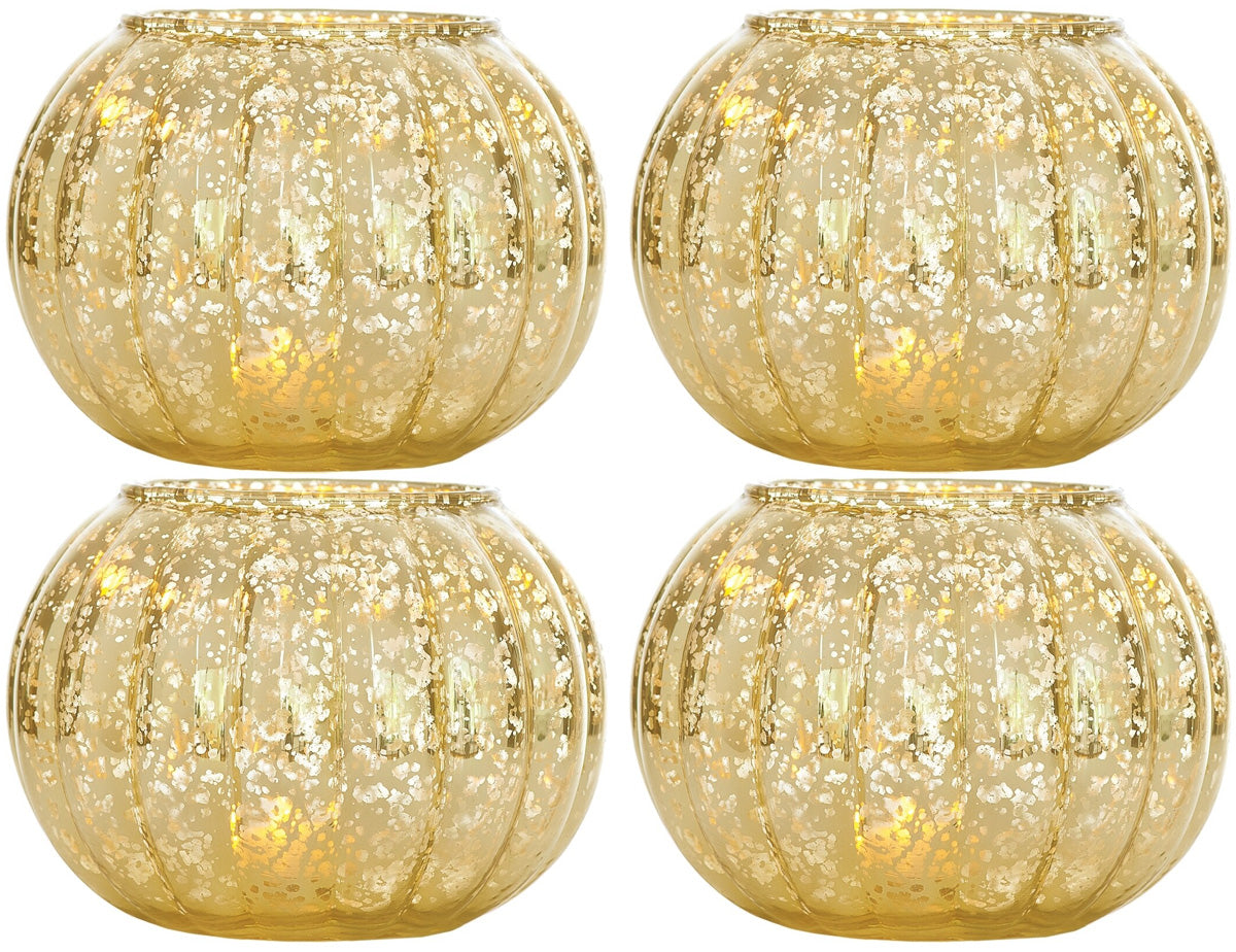 4 Pack | Small Vintage Mercury Glass Candle Holder (3.5-Inch, Autumn Design, Gold) - For Home Decor, Party Decorations, and Wedding Centerpieces - PaperLanternStore.com - Paper Lanterns, Decor, Party Lights &amp; More