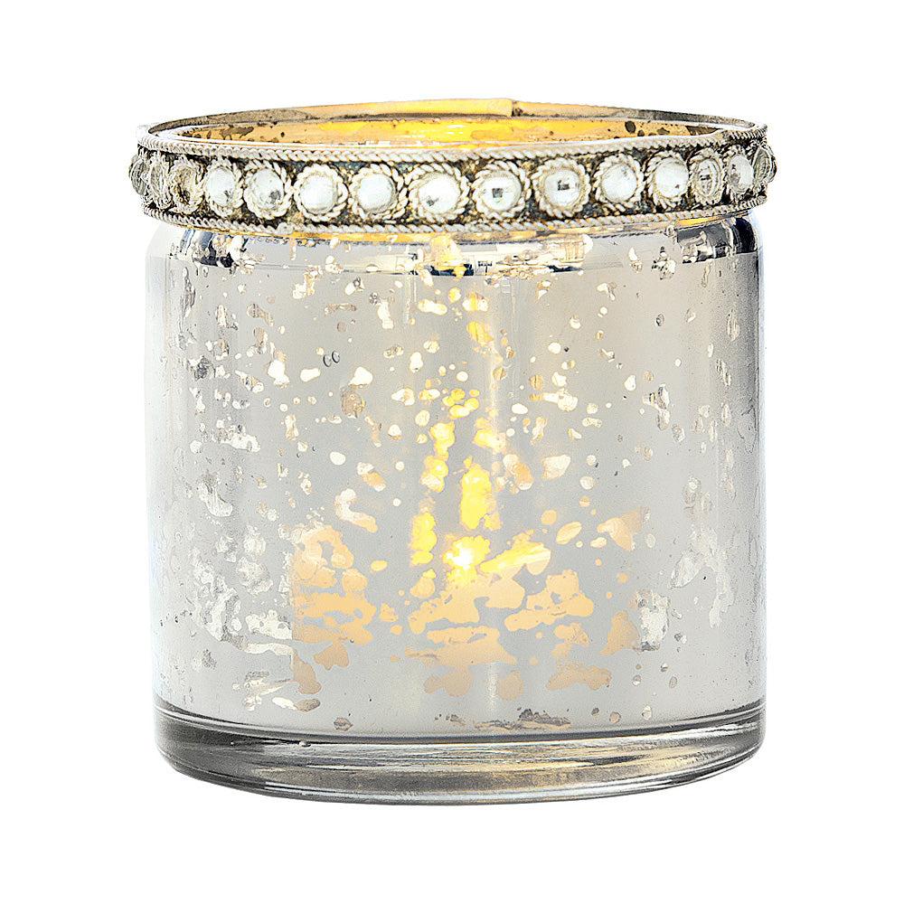 Vintage Mercury Glass Candle Holder with Rhinestones (2.5-Inch, Thea Design, Silver) - For Use with Tea Lights - For Home Decor, Parties, and Wedding Decorations - PaperLanternStore.com - Paper Lanterns, Decor, Party Lights & More
