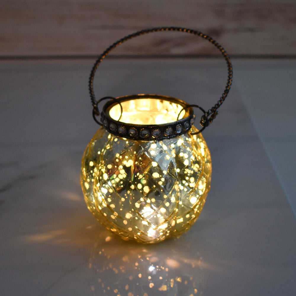 Hanging Mercury Glass Candle Holder with Rhinestones (2.5-Inch, Aria Design, Gold) - For Use with Tea Lights - For Home Decor, Parties, and Wedding Decorations - PaperLanternStore.com - Paper Lanterns, Decor, Party Lights & More