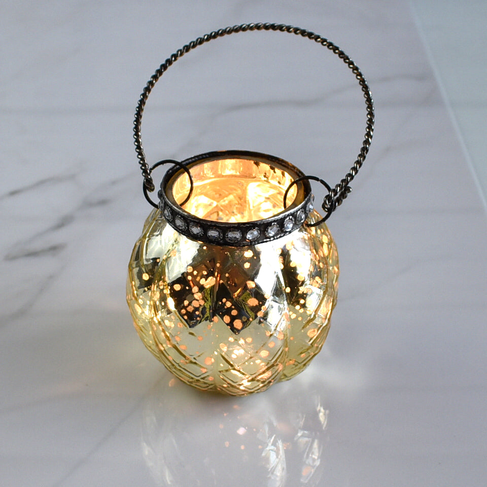 Hanging Mercury Glass Candle Holder with Rhinestones (2.5-Inch, Aria Design, Gold) - For Use with Tea Lights - For Home Decor, Parties, and Wedding Decorations - PaperLanternStore.com - Paper Lanterns, Decor, Party Lights &amp; More