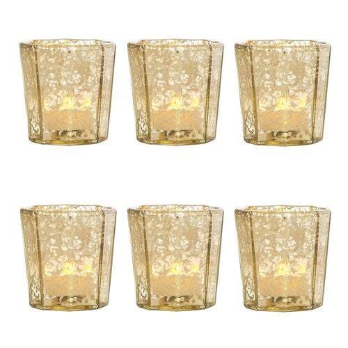 6 Pack | Vintage Mercury Glass Candle Holder (2.75-Inch, Patricia Design, Gold) - For Use with Tea Lights - For Home Decor, Parties, and Wedding Decorations - PaperLanternStore.com - Paper Lanterns, Decor, Party Lights &amp; More