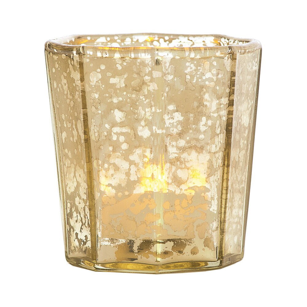 4-PACK | Vintage Mercury Glass Candle Holder (2.75-Inch, Patricia Design, Gold) - For Use with Tea Lights - For Home Decor, Parties, and Wedding Decorations