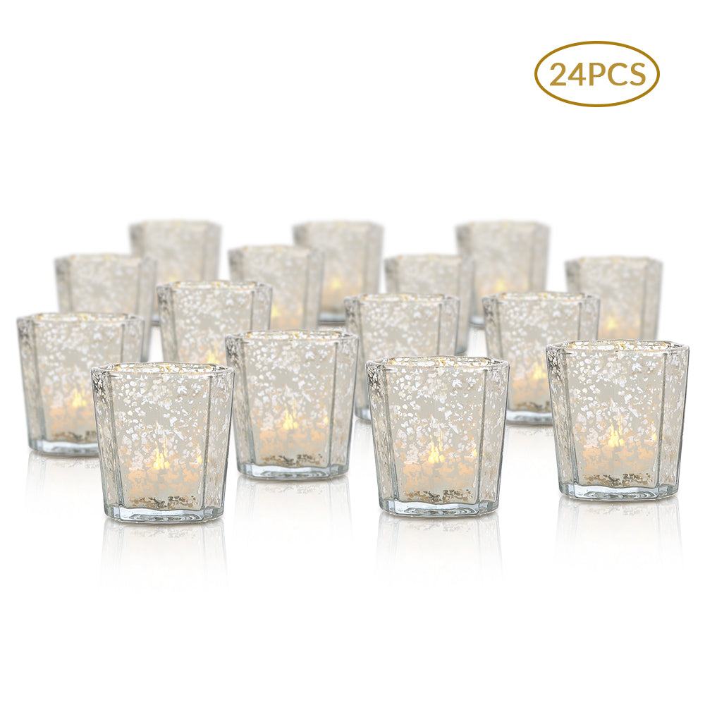 24 Pack | Vintage Mercury Glass Candle Holder (2.75-Inch, Patricia Design, Silver) - PaperLanternStore.com - Paper Lanterns, Decor, Party Lights &amp; More