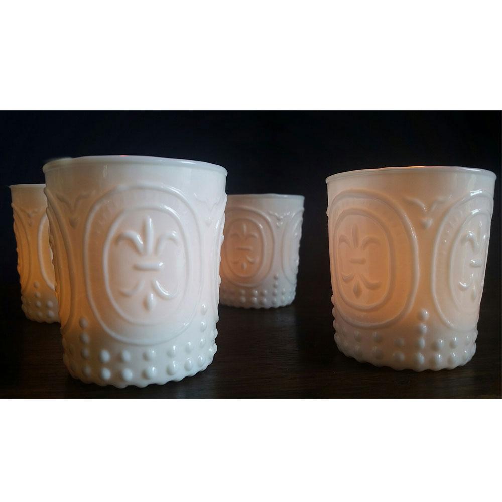 Ivy Vintage Milk Glass Fleur de Lis Candle Holder, Set of 4 - PaperLanternStore.com - Paper Lanterns, Decor, Party Lights &amp; More