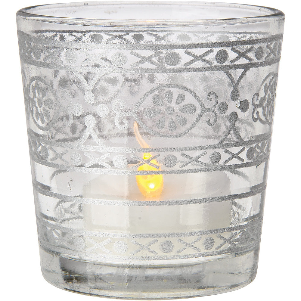 Glass Candle Holder (2.5-Inch, Elisa Design, Clear, Mehndi Silver Accents) - For Use with Tea Lights - For Home Decor, Parties and Wedding Decorations - PaperLanternStore.com - Paper Lanterns, Decor, Party Lights & More
